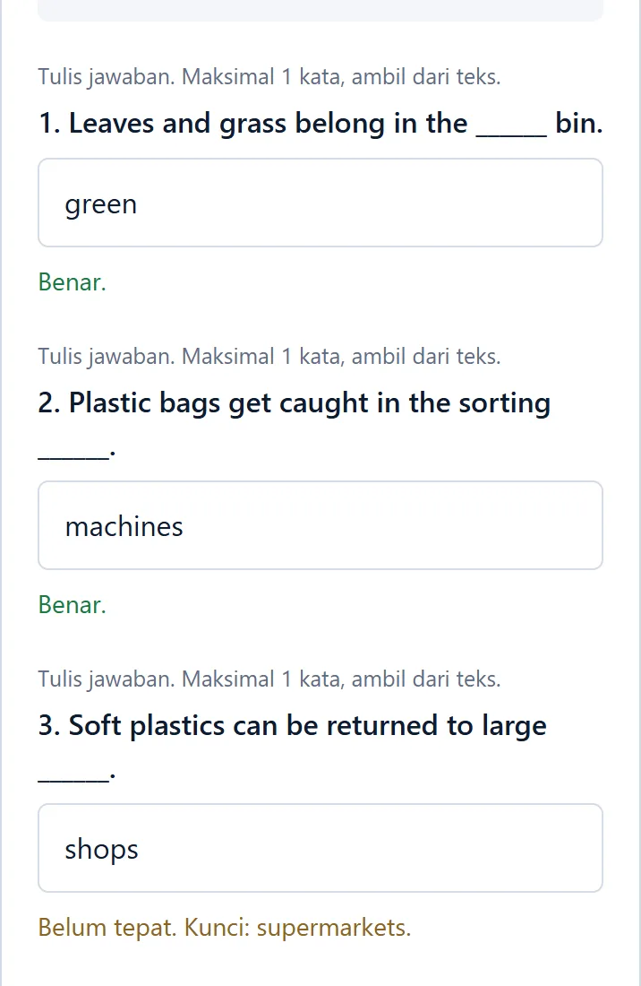 Tampilan latihan Reading di IELTS Course: soal isian yang sudah diperiksa, dengan tanda benar dan kunci jawaban untuk yang belum tepat